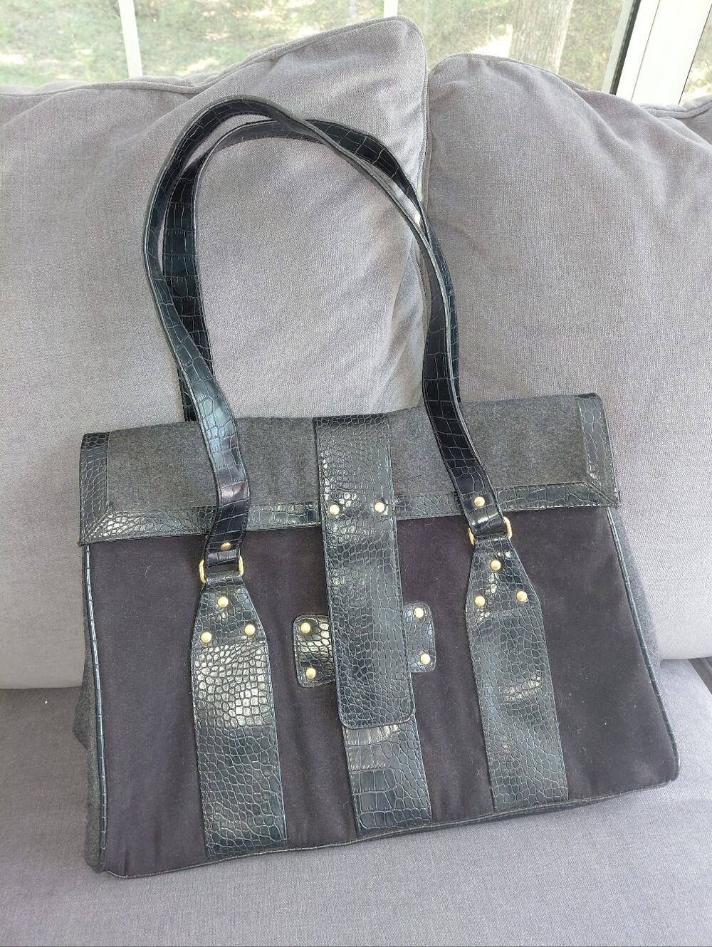 Black Suede & Faux Croc Leather Tote Bag